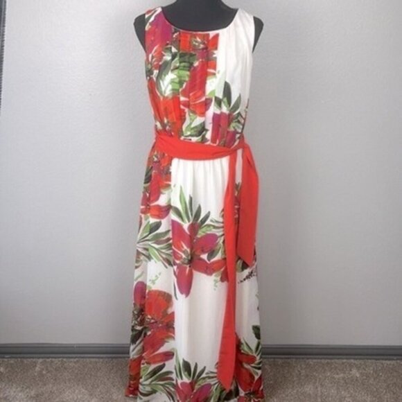 Eliza J Tropical Floral Maxi Gown Chiffon Pleated Sleeveless Dress Cream Red 10 - Picture 1 of 11